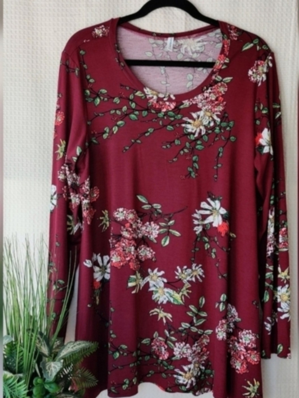 Popyoung Women's Casual Long Sleeve Burgundy Floral Tunic Top Size 2XL